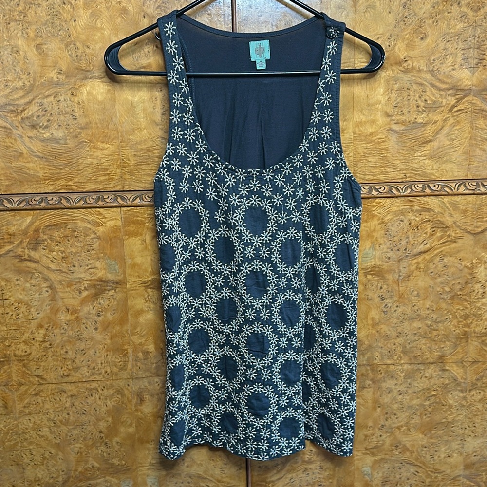 Anthropologie HWR Embroidered Grey/Black Tank Top Metallic Viscose   Medium